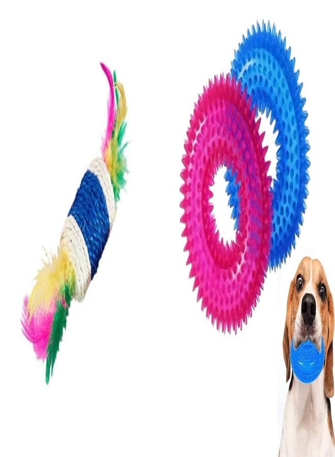 PET FUN Cat Teaser Stick with Feather & Paper Rope Cylinder | Interactive Play Toy LED Spike Ring Chew Toy for Dogs & Puppies | Light-Up Squeaky Interactive Play Toy Combo of 2 - Image 1